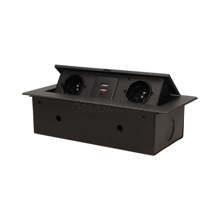 ORNO Gniazda wpuszczane w blat 2 x 2p+Z z płaskim frezowanym rantem i ładowarką USB, czarne OR-AE-13109/B