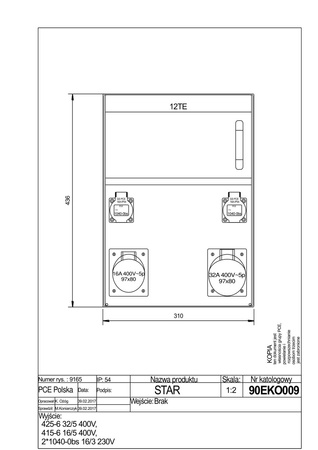 PCE Rozdzielnica stacjonarna ECOLINE bez zabezpieczeń 1 x 32A/5P 1 x 16A/5P 2 x 230V IP54