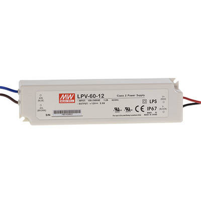 MEAN WELL  Zasilacz stałonapięciowy LPV-60-24; Uwe: 90-264V AC; 127-370V DC; Uwy: 24V; Iwy: 0-2,5A, moc: 60W; IP67